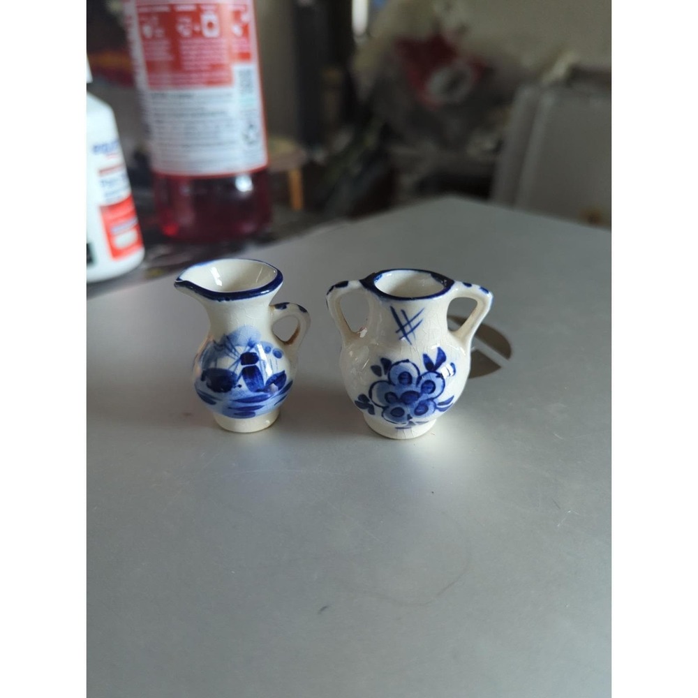 2 VINTAGE DELFT BLUE MINIATURE PITCHER & Jug